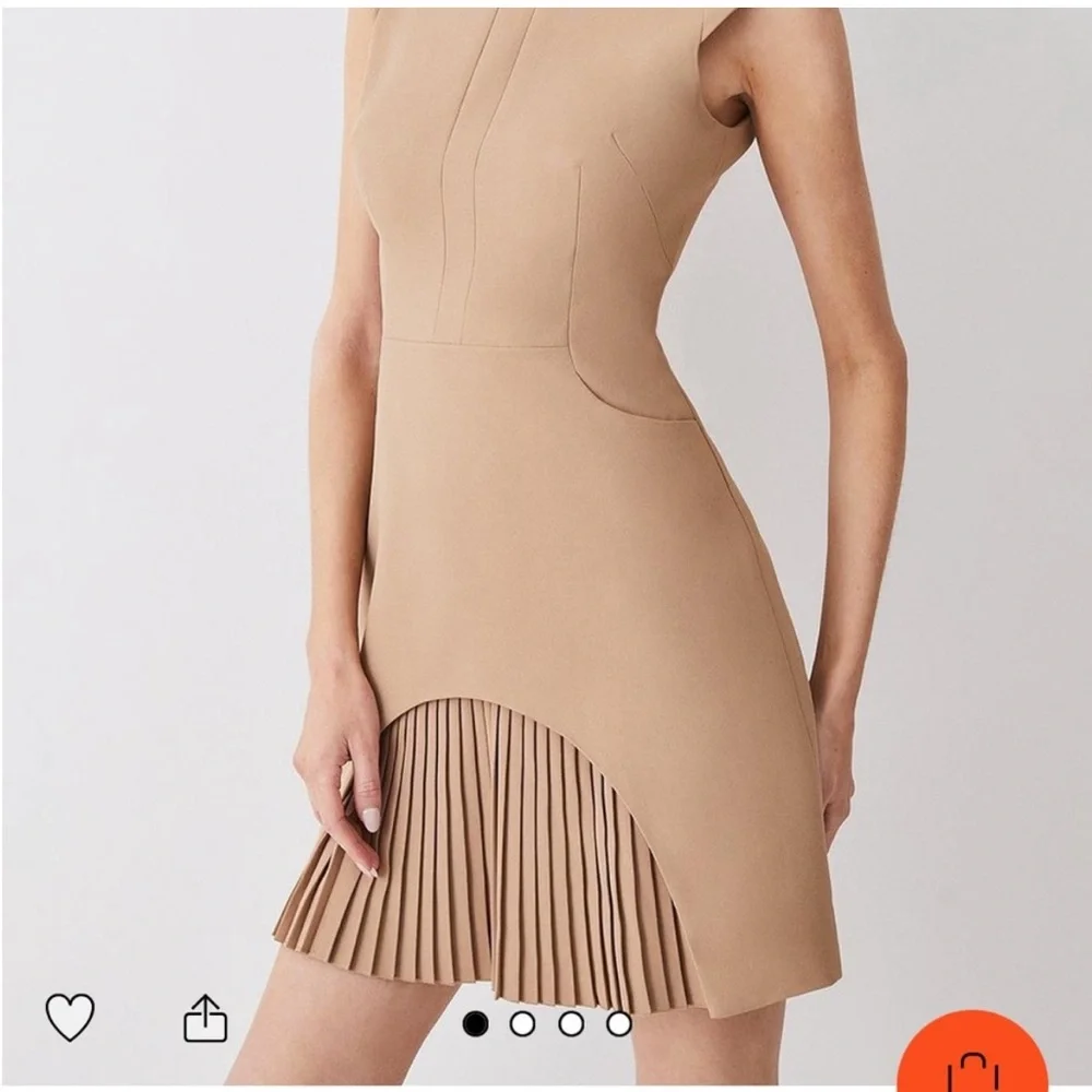 Karen Millen Tan Beige Mini Dress with Pleated Hem - Picture 2 of 3